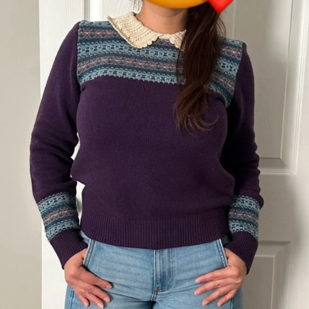 Ralph Lauren Purple Fair Isle Sweater with Cream Lace Collar